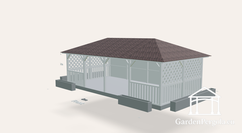 Gazebo da giardino 4x8m con tetto a quattro falde in tegole marroni