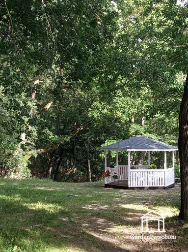 Gazebo in legno a sei lati — gazebo da giardino accogliente con pavimento e tetto coperto