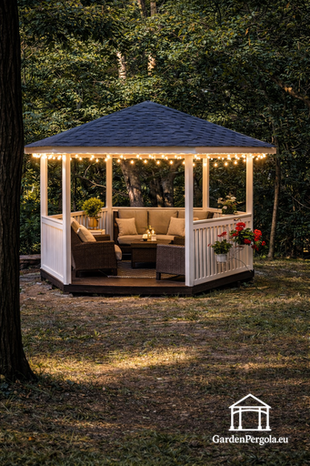 Gazebo in legno a sei lati — gazebo da giardino accogliente con pavimento e tetto coperto