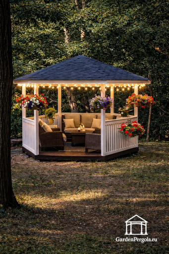 Gazebo in legno a sei lati — gazebo da giardino accogliente con pavimento e tetto coperto