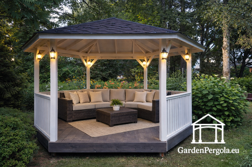 Gazebo in legno a sei lati — gazebo da giardino accogliente con pavimento e tetto coperto
