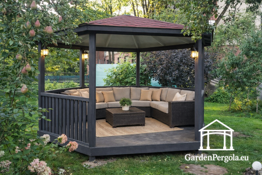 Gazebo in Legno a Sei Lati — Accogliente Gazebo da Giardino con Pavimento e Tetto Coperto
