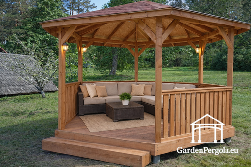 Gazebo in Legno a Sei Lati — Accogliente Gazebo da Giardino con Pavimento e Tetto Coperto