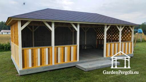 Gazebo da giardino in legno 4x8 m — Ampio gazebo da esterno con pavimento e tetto coperto - garden gazebo pergola
