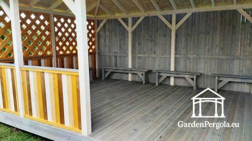 Gazebo da giardino in legno 4x8 m — Ampio gazebo da esterno con pavimento e tetto coperto