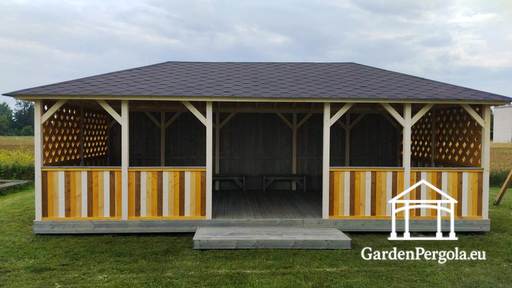 Gazebo da giardino in legno 4x8 m — Ampio gazebo da esterno con pavimento e tetto coperto