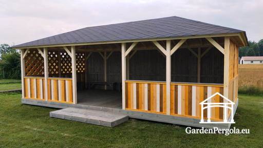 Gazebo da giardino in legno 4x8 m — Ampio gazebo da esterno con pavimento e tetto coperto