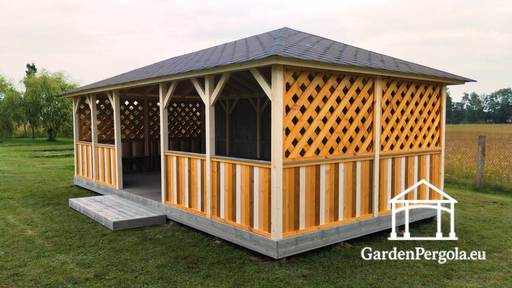 Gazebo da giardino in legno 4x8 m — Ampio gazebo da esterno con pavimento e tetto coperto