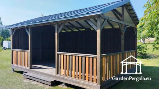 Gazebo in Legno Marrone 4x6 m — Ampio Gazebo da Giardino con Pavimento e Tetto a Due Falde in Metallo