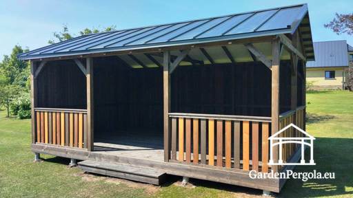 Gazebo in Legno Marrone 4x6 m — Ampio Gazebo da Giardino con Pavimento e Tetto a Due Falde in Metallo