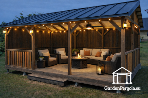 Gazebo in Legno Marrone 4x6 m — Ampio Gazebo da Giardino con Pavimento e Tetto a Due Falde in Metallo