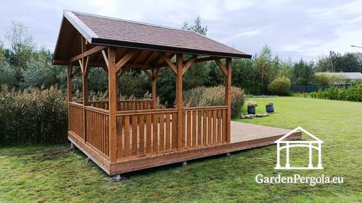 Gazebo in Legno 3x4 m con Terrazza 3x4 m — Accogliente Gazebo da Giardino con Pavimento e Terrazza Aperta