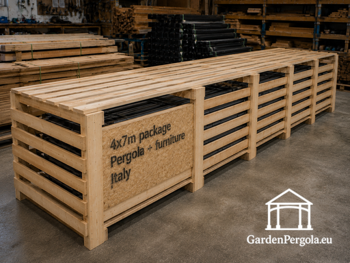 Gazebo in legno naturale 4x7 m — spazioso gazebo da giardino con pavimento, ringhiere e tetto a falda unica