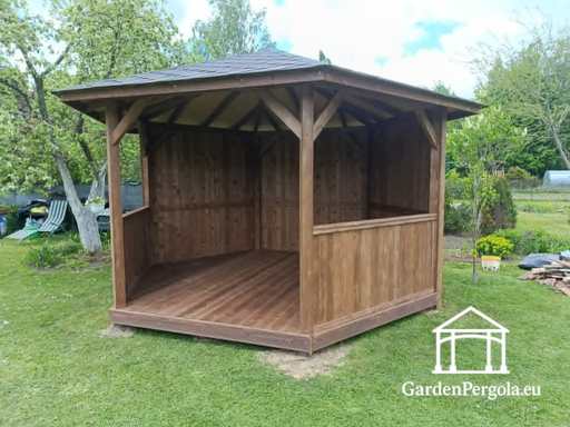 Gazebo da giardino in legno a sei lati — Accogliente gazebo da giardino con pavimento e tetto coperto - garden gazebo pergola