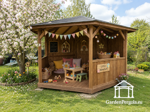 Gazebo da giardino in legno a sei lati — Accogliente gazebo da giardino con pavimento e tetto coperto