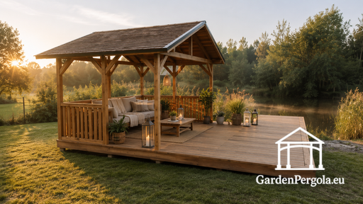 Gazebo in Legno 3x4 m con Terrazza 3x4 m — Accogliente Gazebo da Giardino con Pavimento e Terrazza Aperta