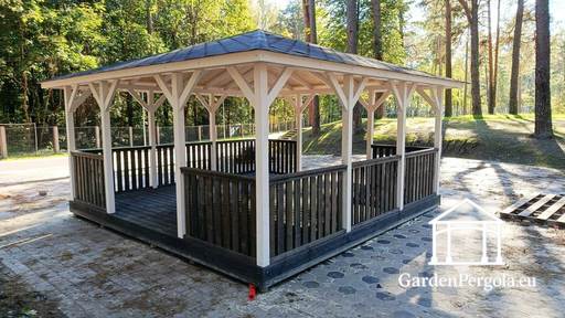 Gazebo in Legno 5x5 m — Ampio Gazebo da Giardino con Pavimento e Due Ingressi Aperti