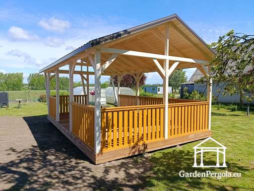 Gazebo in Legno su Misura 4x7 m — Ampio Gazebo da Giardino con Pavimento e Tetto a Due Falde