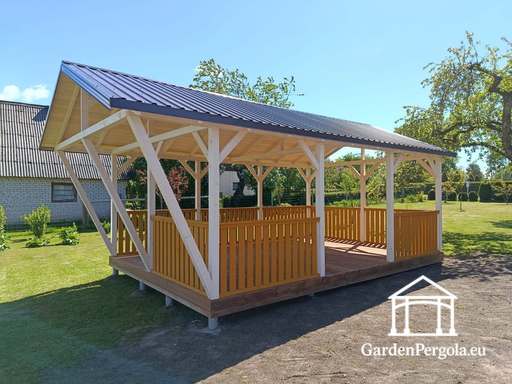 Gazebo in Legno su Misura 4x7 m — Ampio Gazebo da Giardino con Pavimento e Tetto a Due Falde