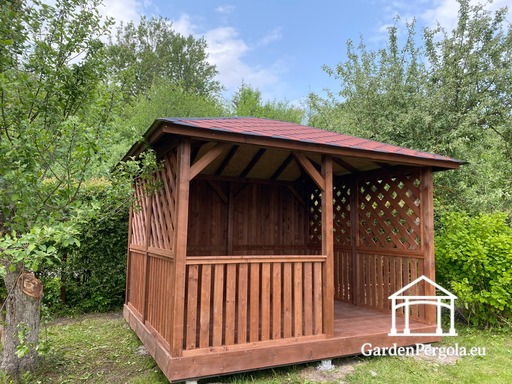 Gazebo in legno marrone 3x3,5 m — accogliente gazebo da giardino con pavimento, parete posteriore chiusa e pareti laterali a griglia decorativa - garden gazebo pergola