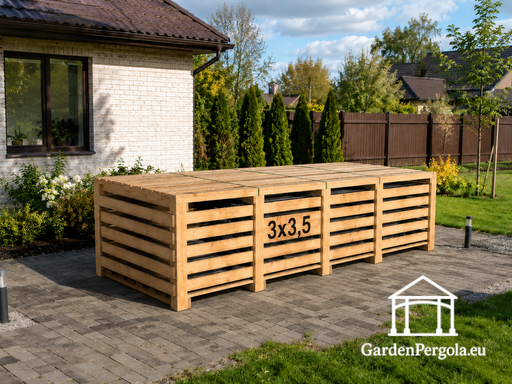 Gazebo in legno marrone 3x3,5 m — accogliente gazebo da giardino con pavimento, parete posteriore chiusa e pareti laterali a griglia decorativa