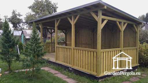 Gazebo in legno naturale 4x7 m — spazioso gazebo da giardino con pavimento, ringhiere e tetto a falda unica - garden gazebo pergola