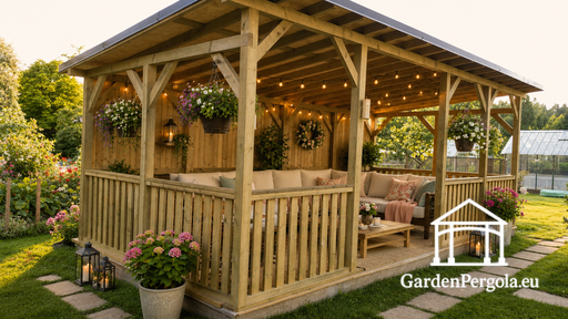 Gazebo in legno naturale 4x7 m — spazioso gazebo da giardino con pavimento, ringhiere e tetto a falda unica