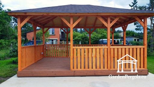 Gazebo in legno ambra 4x5 m — spazioso gazebo da giardino con pavimento, ringhiere e tetto coperto - garden gazebo pergola