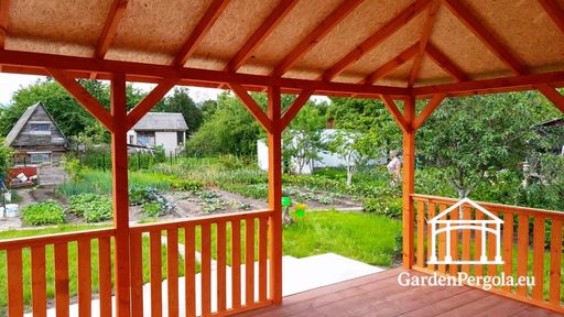 Gazebo in legno ambra 4x5 m — spazioso gazebo da giardino con pavimento, ringhiere e tetto coperto