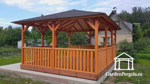 Gazebo in legno ambra 4x5 m — spazioso gazebo da giardino con pavimento, ringhiere e tetto coperto