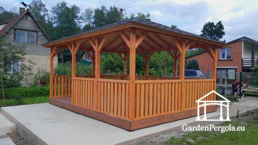 Gazebo in legno ambra 4x5 m — spazioso gazebo da giardino con pavimento, ringhiere e tetto coperto