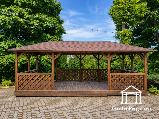 Gazebo in Legno Marrone 4x7 m — Ampio Gazebo da Giardino con Pavimento, Ringhiere a Traliccio e Tetto in Tegole - garden gazebo pergola