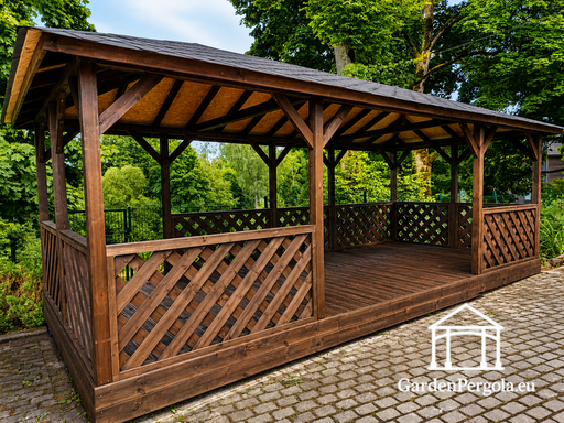 Gazebo in Legno Marrone 4x7 m — Ampio Gazebo da Giardino con Pavimento, Ringhiere a Traliccio e Tetto in Tegole