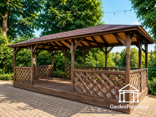 Gazebo in Legno Marrone 4x7 m — Ampio Gazebo da Giardino con Pavimento, Ringhiere a Traliccio e Tetto in Tegole