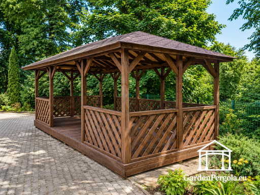 Gazebo in Legno Marrone 4x7 m — Ampio Gazebo da Giardino con Pavimento, Ringhiere a Traliccio e Tetto in Tegole