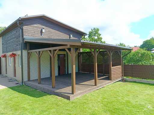 Veranda in Legno Scuro Attaccata alla Casa con Tetto Coperto – 4.8×6 m - garden gazebo pergola
