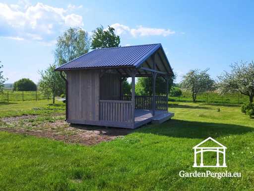 Gazebo da Giardino in Legno Grigio 4x6 m con Gradino