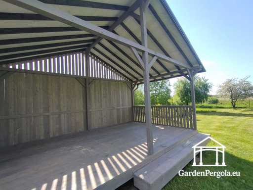 Gazebo da Giardino in Legno Grigio 4x6 m con Gradino