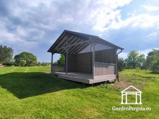 Gazebo da Giardino in Legno Grigio 4x6 m con Gradino
