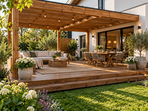 Terrazza in legno naturale 5 x 7 m con gradino